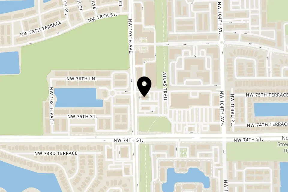Map showing the location of Talkin' Tacos Doral on 7586 NW 104th Ave in Doral