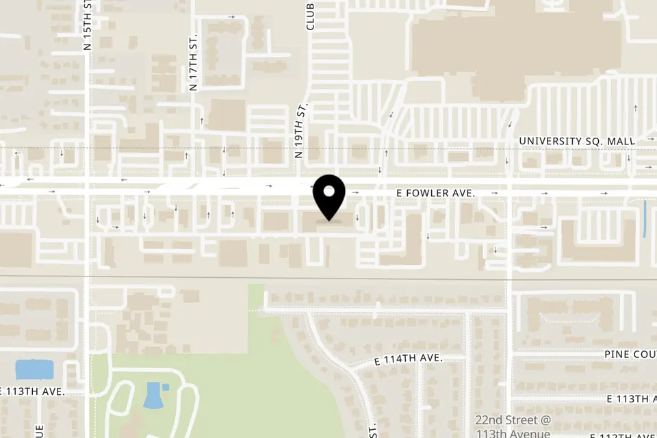 Map showing the location of Talkin' Tacos Temple Terrace on 1819 E Fowler Ave in Tampa